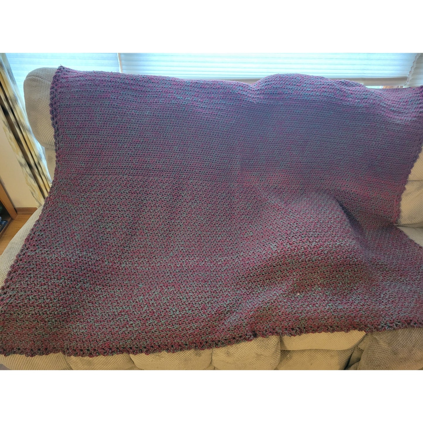 Vintage Crocheted Throw Blanket - Burgundy and Gray/Green